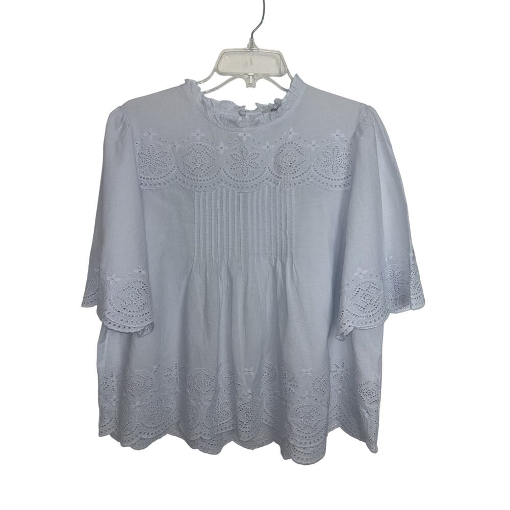 NWT Madewell Embroidered Pintuck High Neck Top Soft Blue Large Cottage - Picture 3 of 11